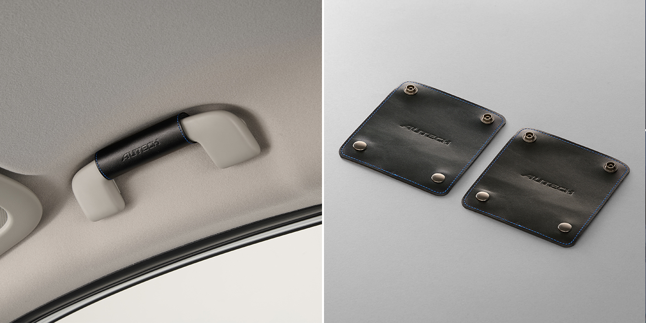 AUTECHアシストグリップカバー(本革製、ブラック／ブルーステッチ、「AUTECH」ロゴ入り）